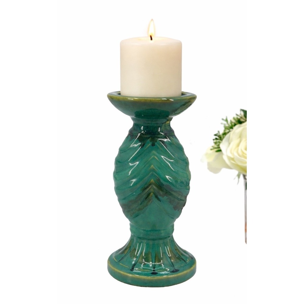 Vintage Ceramic Candle Holder Art Pottery Aqua Green Drip Glaze 10" Tall *See